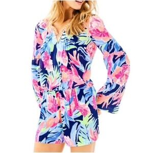 Lilly Pulitzer High Tide Navy Tropicolada Ariele Romper Size XXS Tropical V Neck
